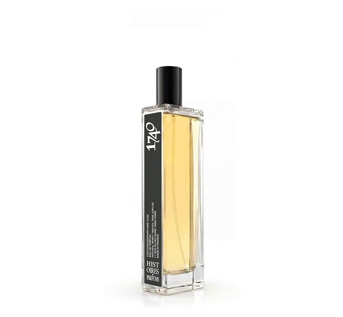 A 1740 glass perfume bottle with a black cap on a white background.