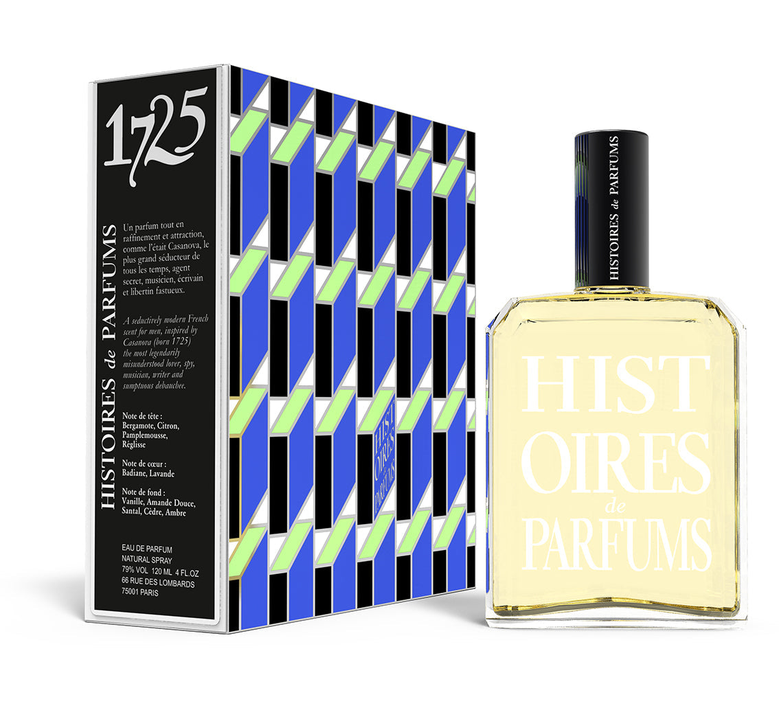 A perfume bottle of 1725 - 120ml next to its packaging box.