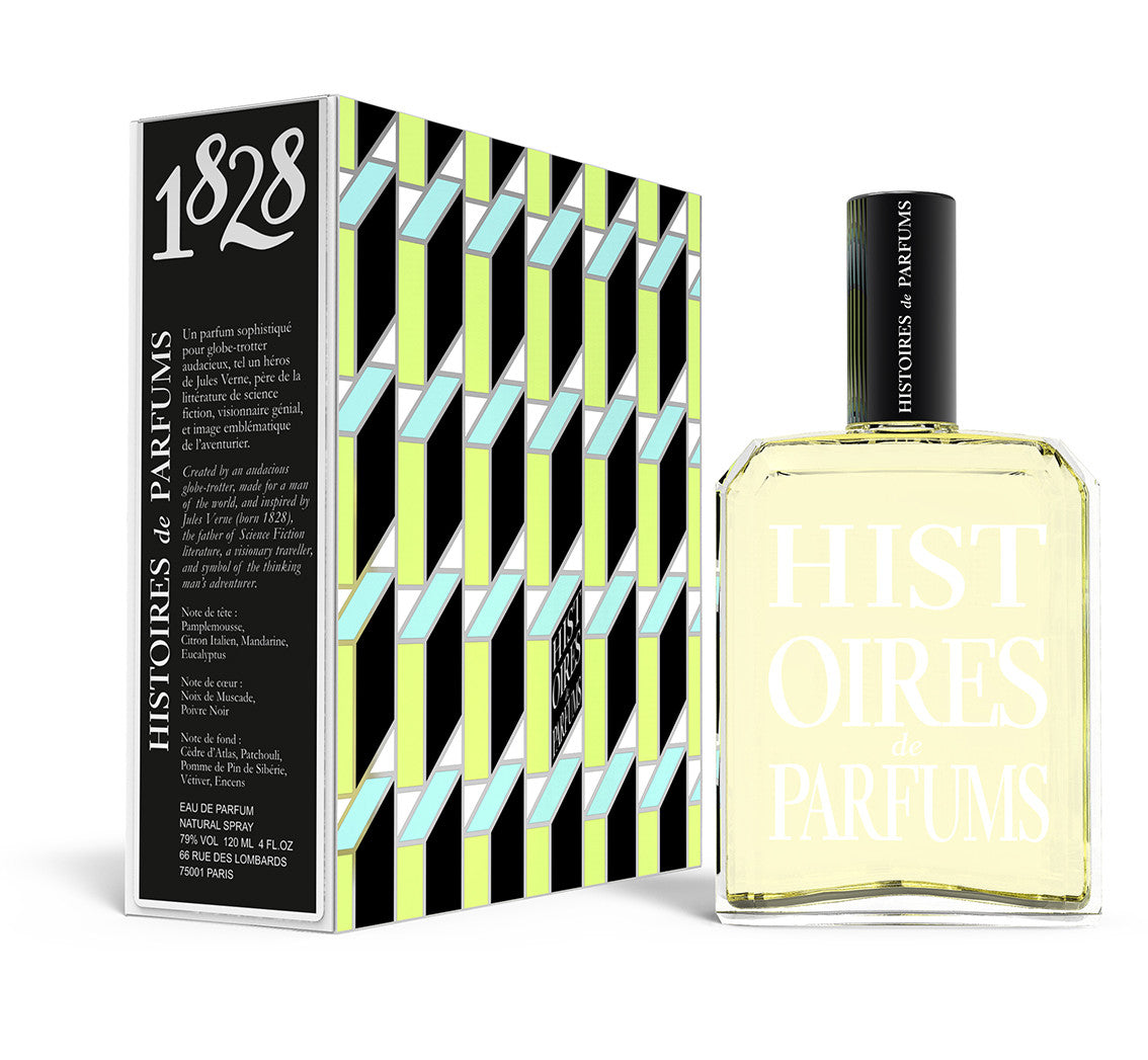A perfume bottle of 1828 - 120ml next to its packaging box.