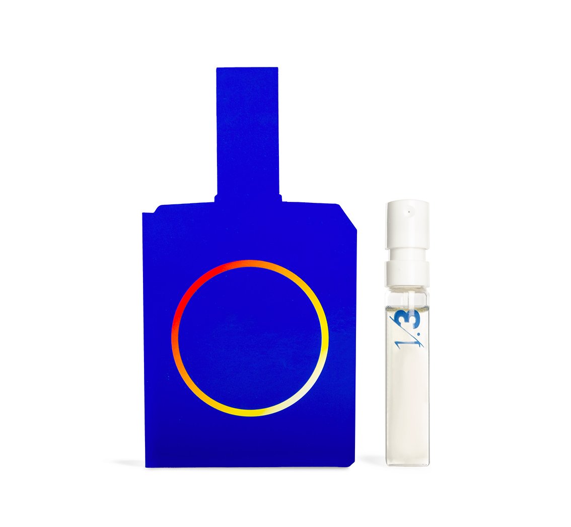 Bottle shaped sample card and sample of This is not a blue bottle 1/.3