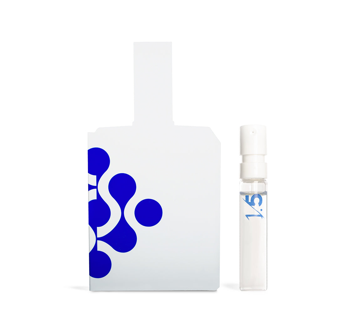 Bottle shaped sample card and sample of This is not a blue bottle 1/.5