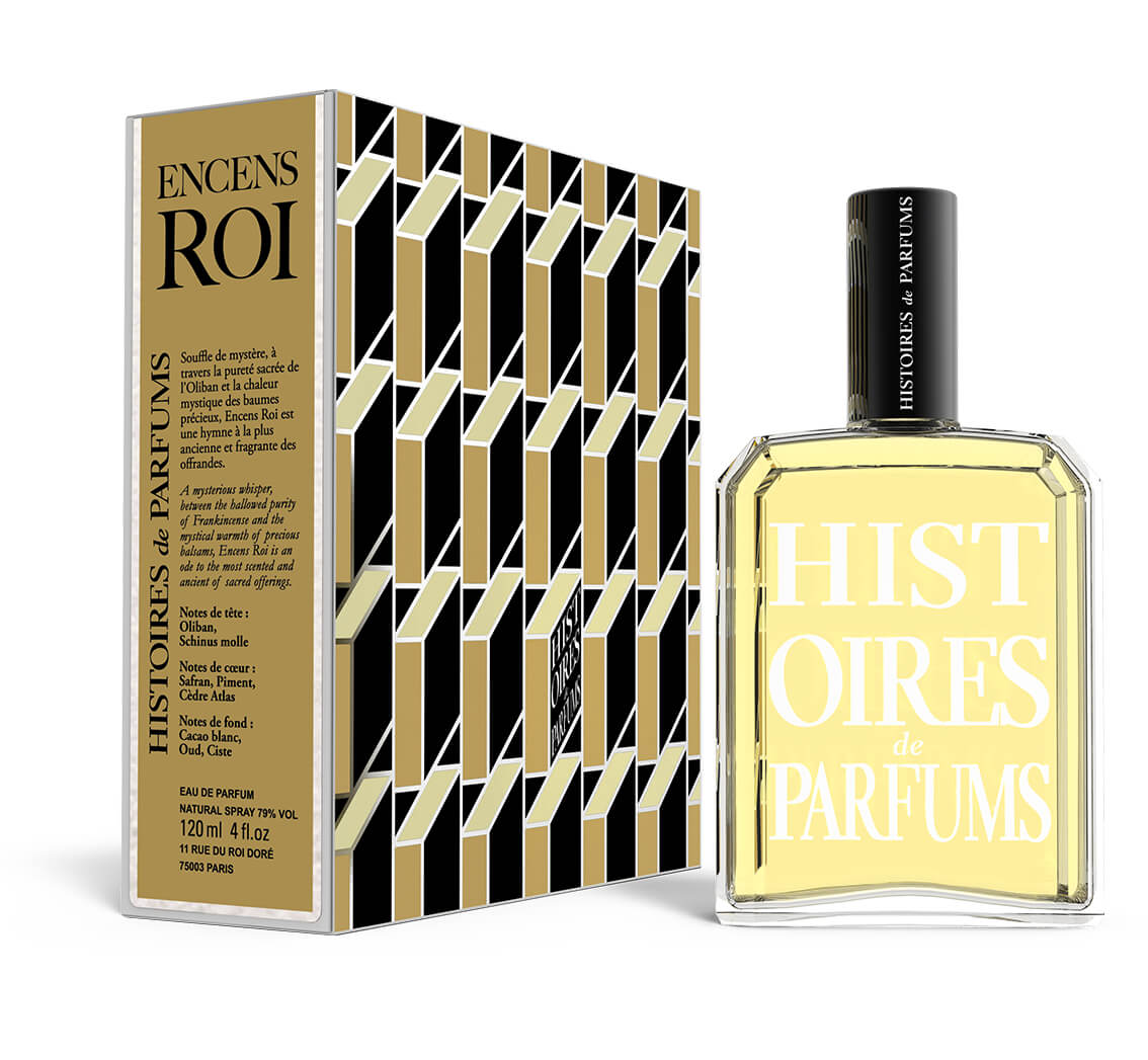 A perfume bottle of Encens Roi - 120ml next to its packaging box.