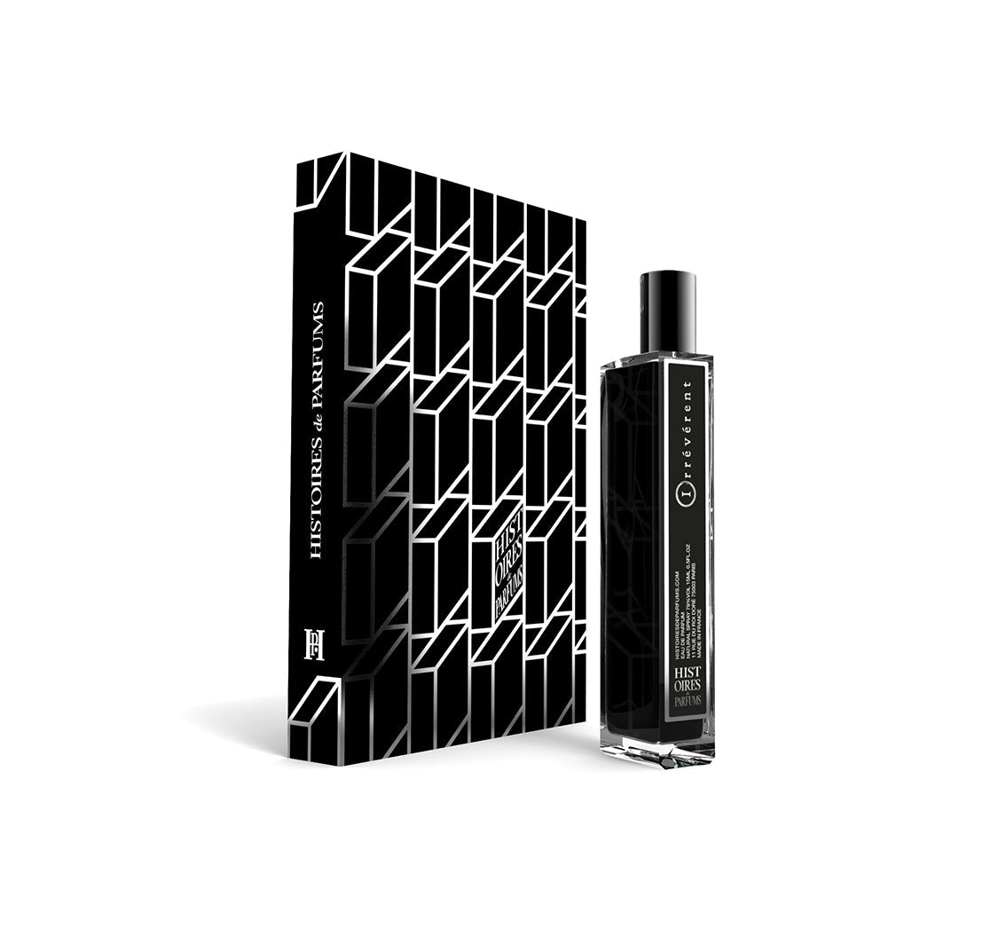 A perfume bottle of Irrévérent - 15ml next to its packaging box.