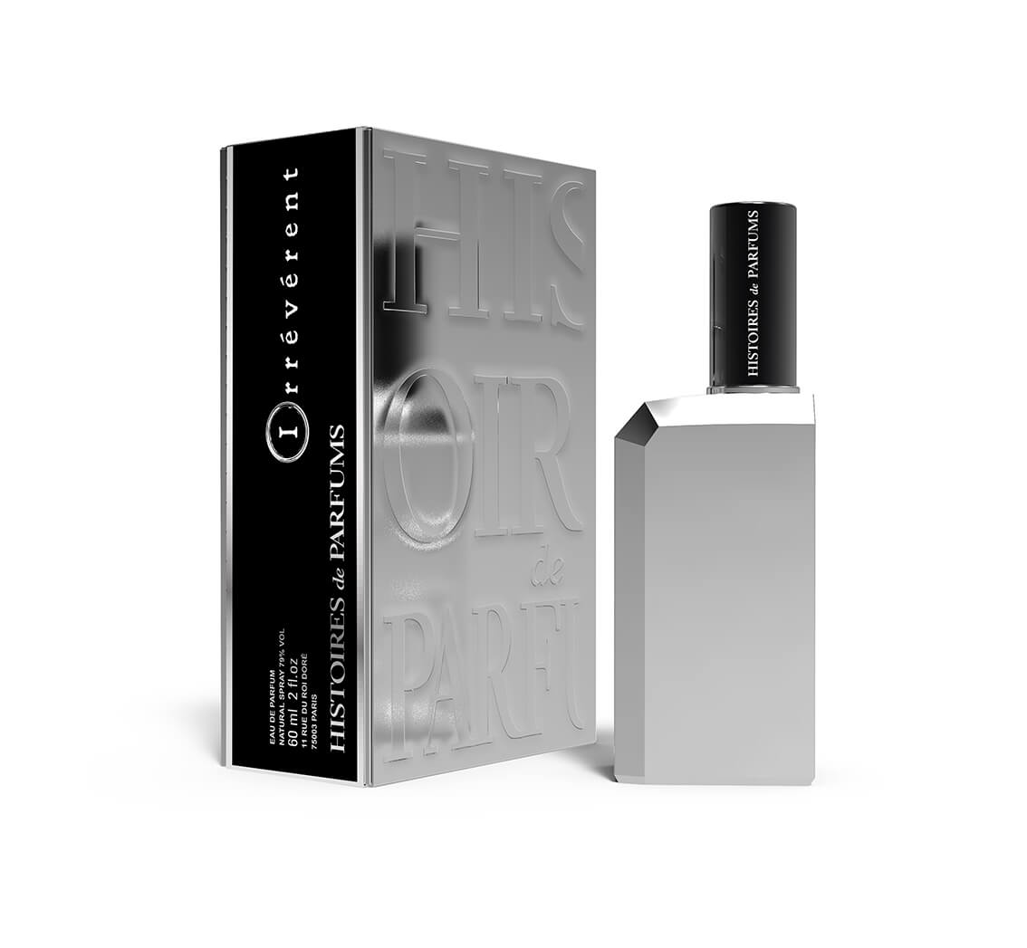 A perfume bottle of Irrévérent - 60ml next to its packaging box.