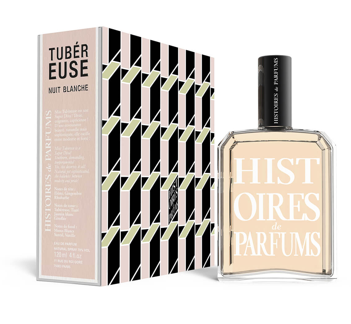 A perfume bottle of TUBÉREUSE NUIT BLANCHE  120ml next to its packaging box. 