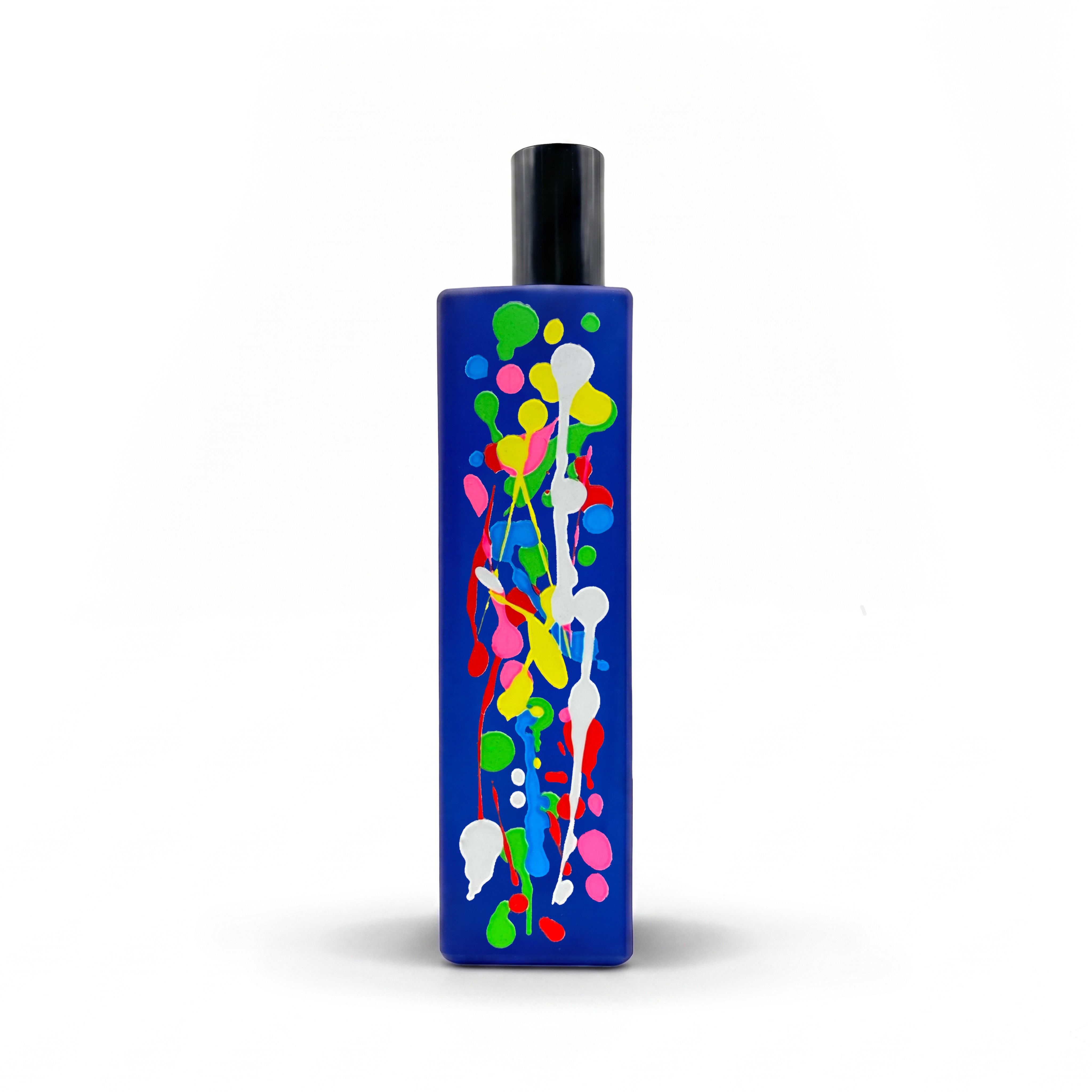 A This is not a bleu bottle 1/.2 cobalt blue bottle with a black cap, on a white background.