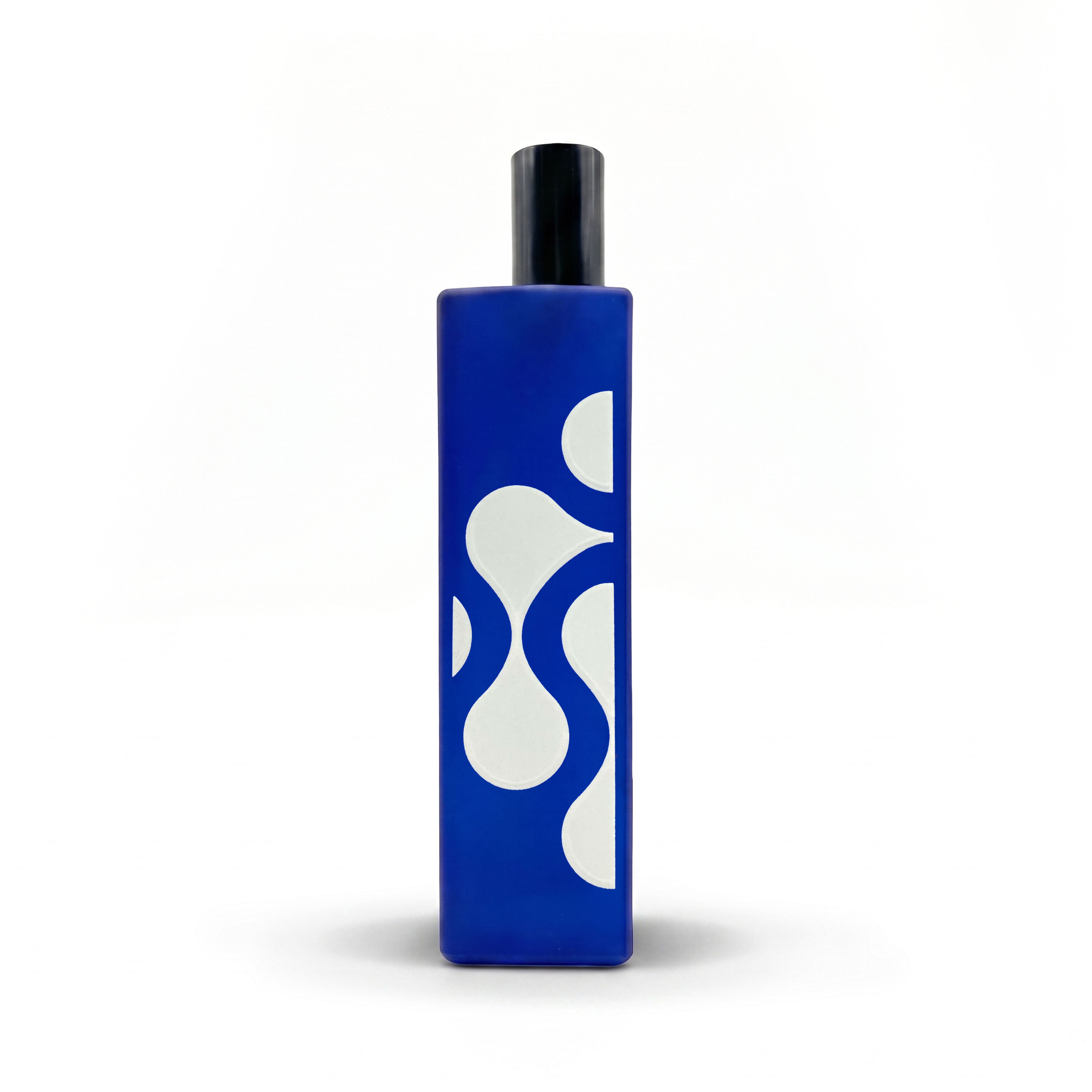 A This is not a bleu bottle 1/.4 cobalt blue bottle with a black cap, on a white background.