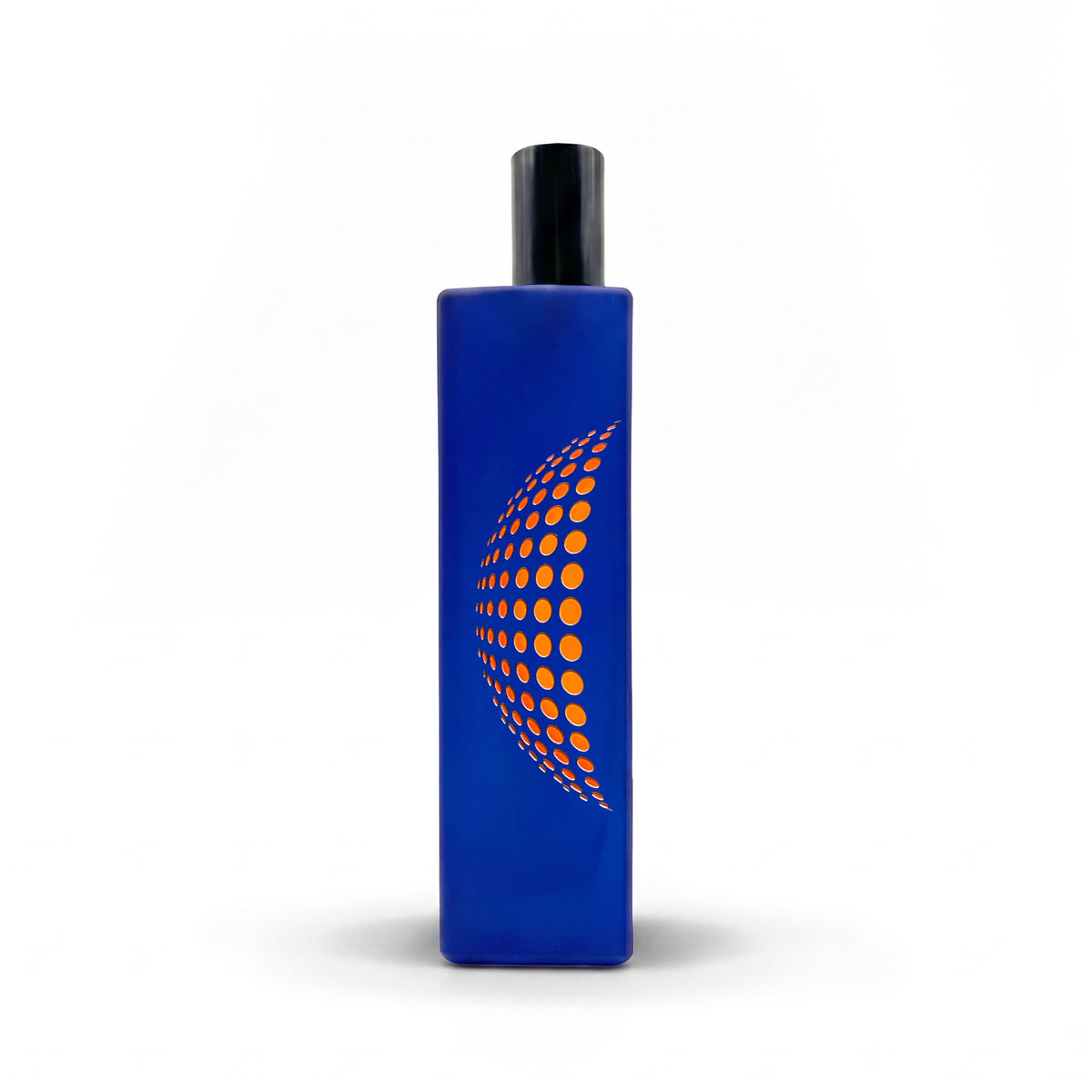 A This is not a bleu bottle 1/.6 cobalt blue bottle with a black cap, on a white background.