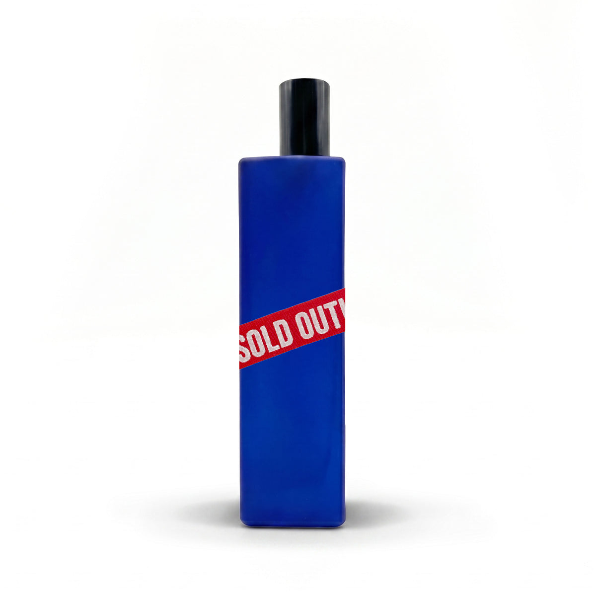 A This is not a bleu bottle 1/.8 cobalt blue bottle with a black cap, on a white background.