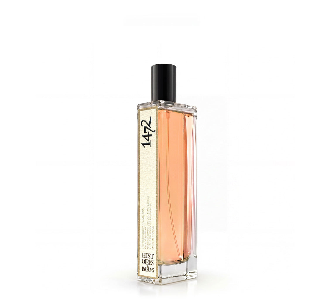 A 1472 glass perfume bottle with a black cap on a white background.