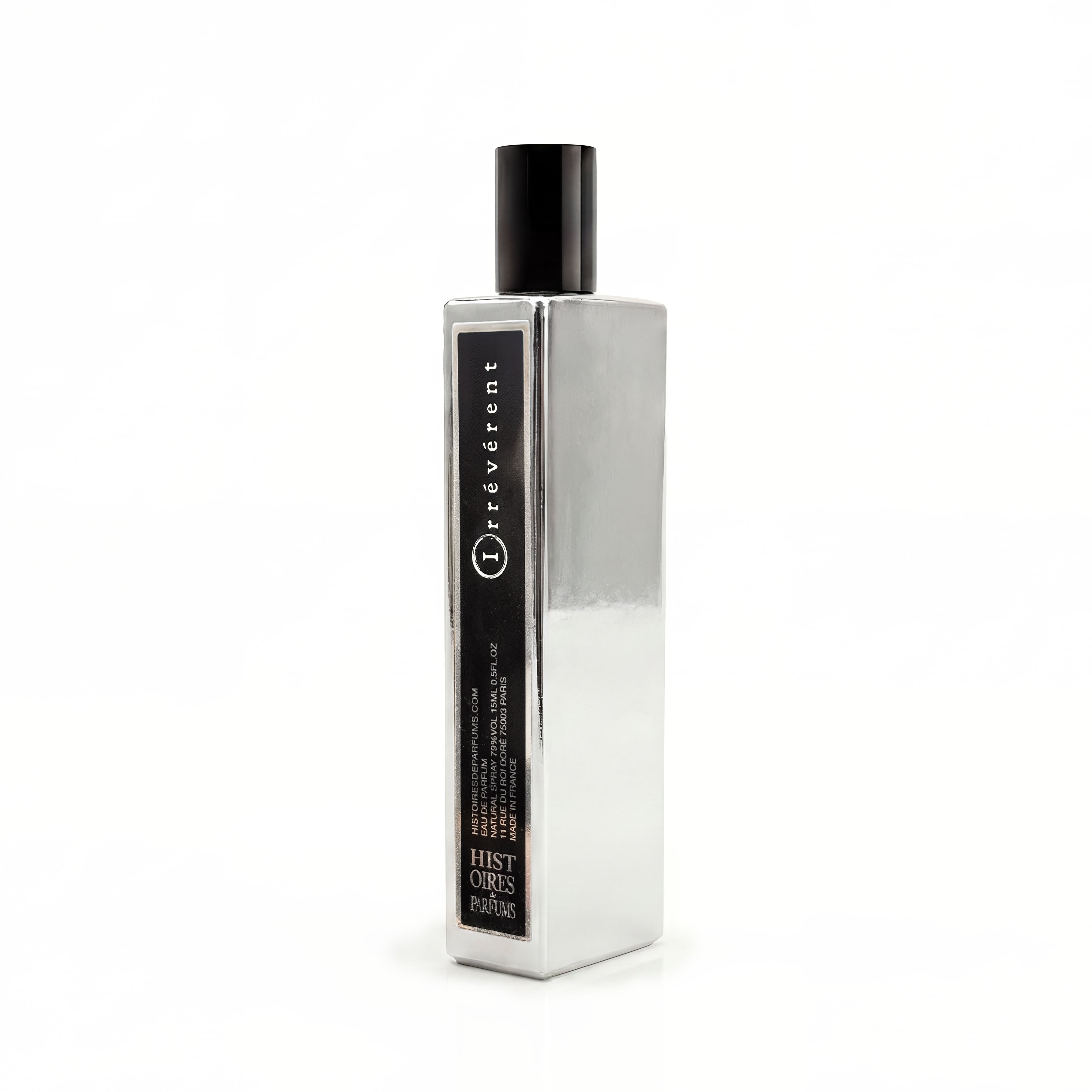 A silver bottle of Irrévérent on a plain white background.