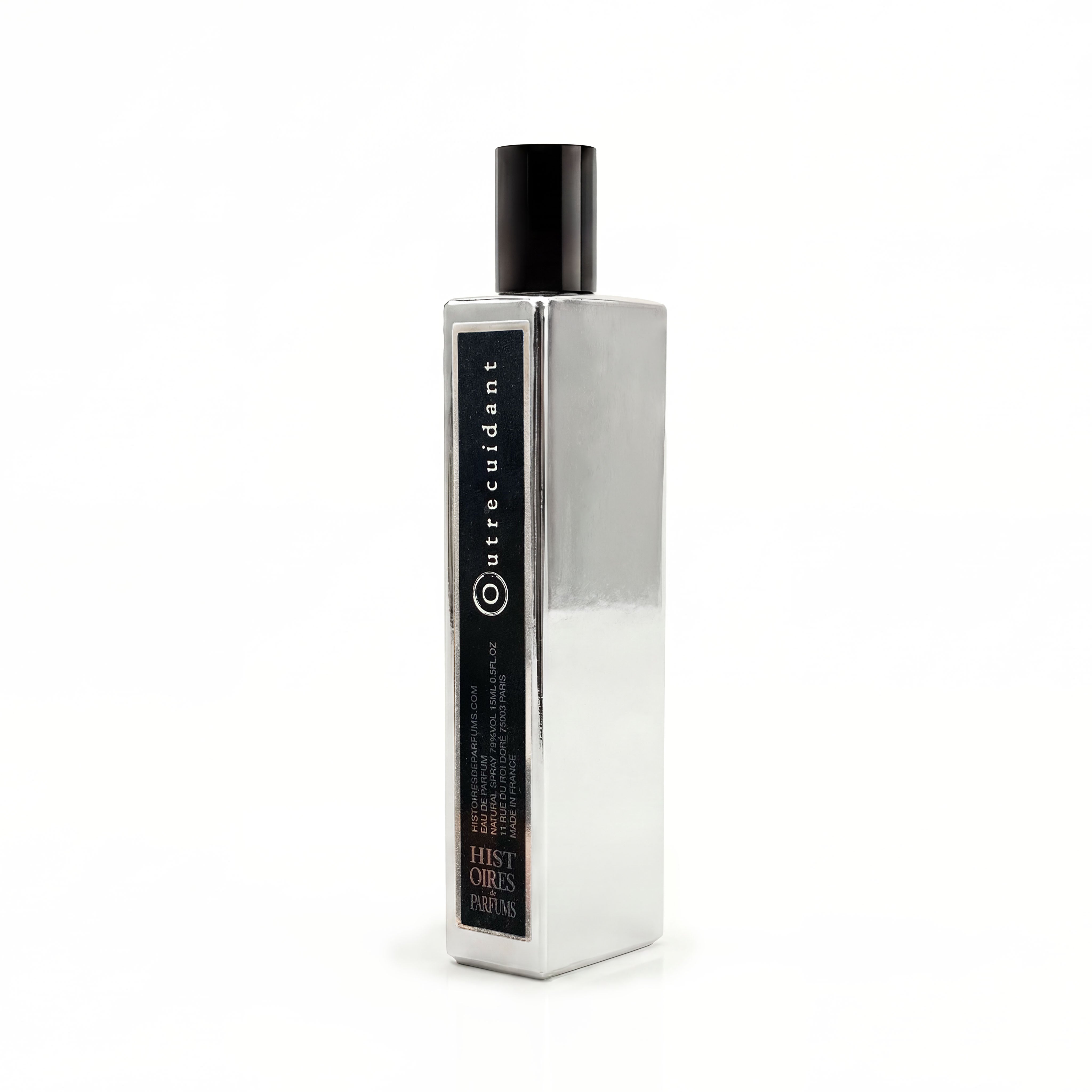 A silver bottle of Outrecuidant on a plain white background.