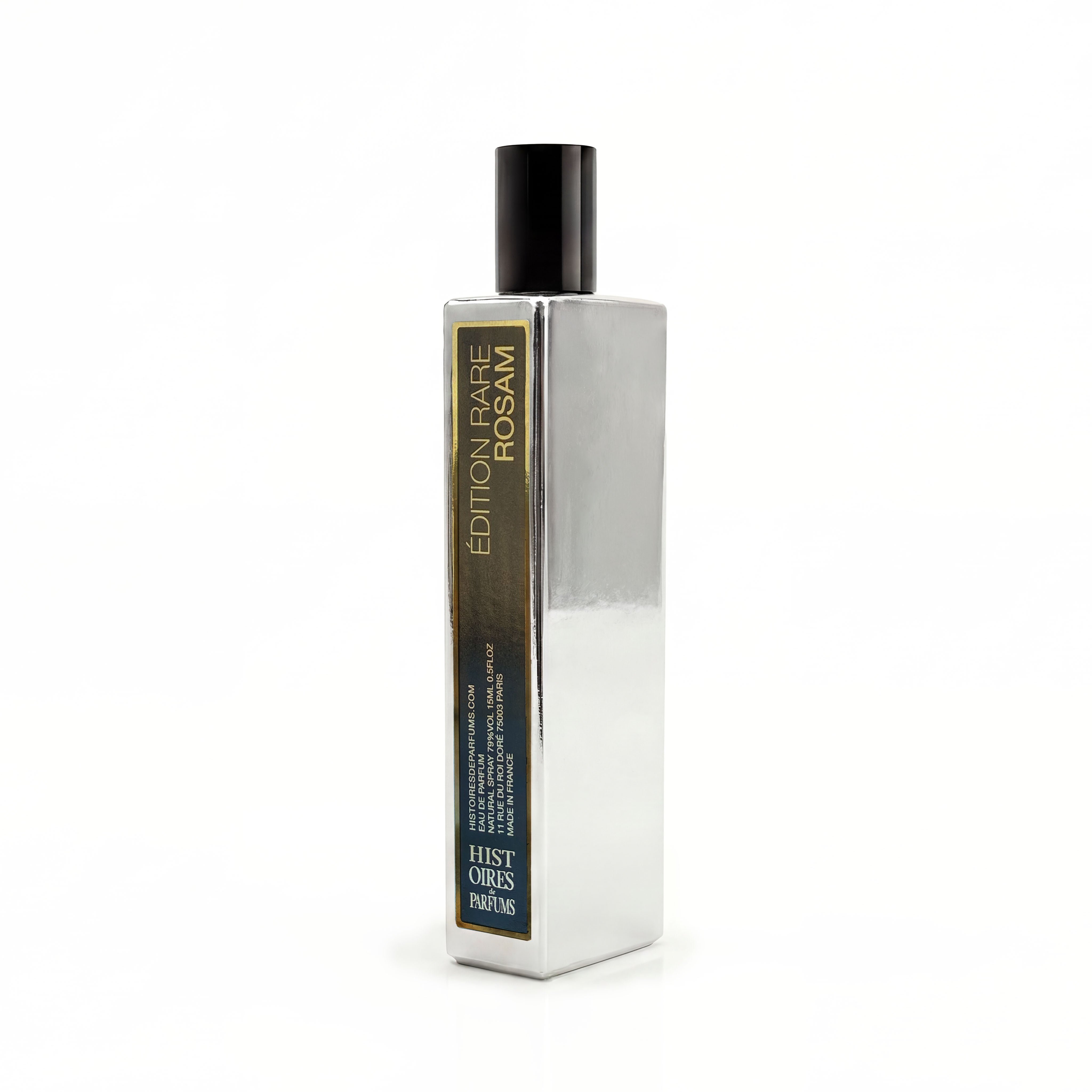 A metallic white gold bottle of Rosam on a plain white background.