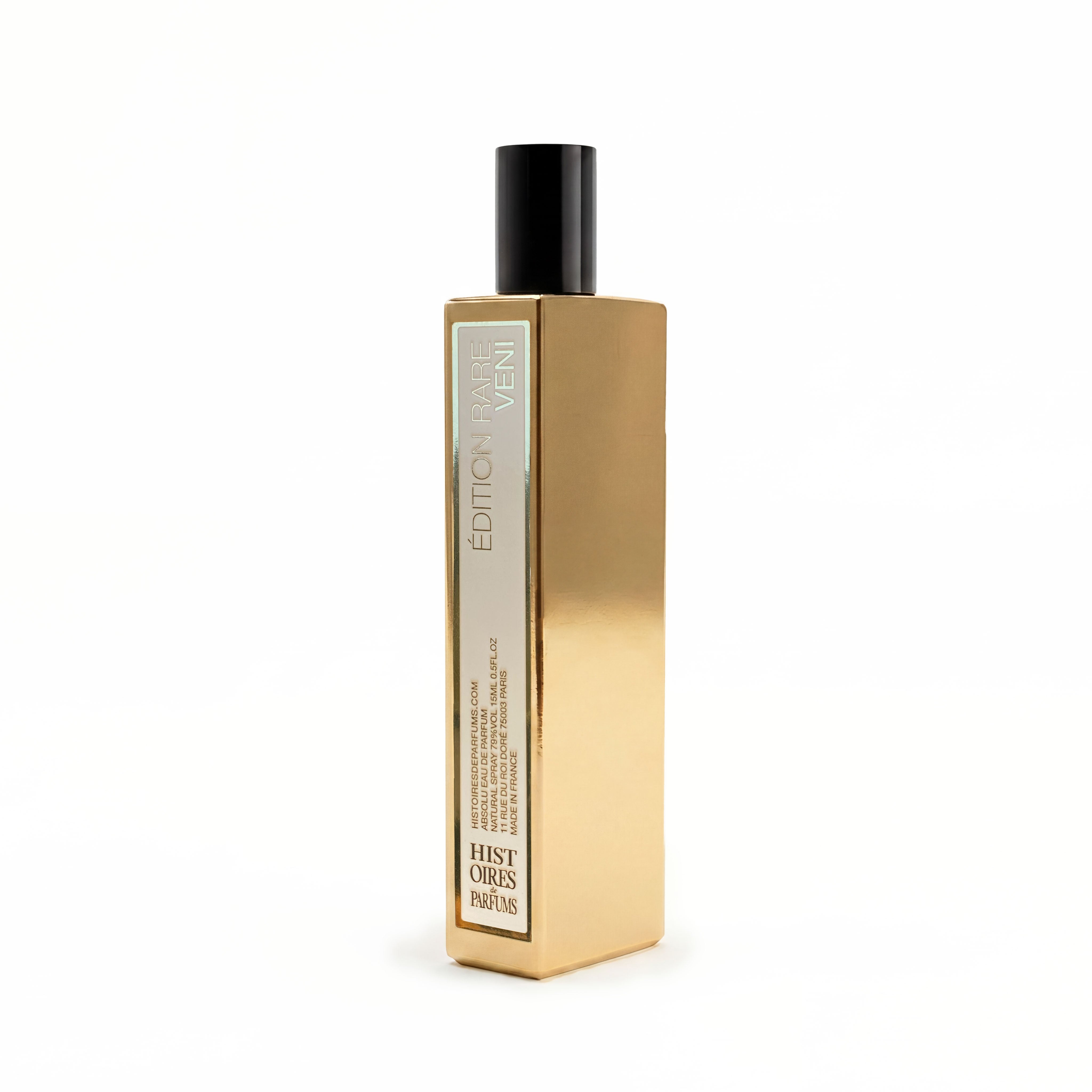 A metallic gold bottle of Veni on a plain white background.