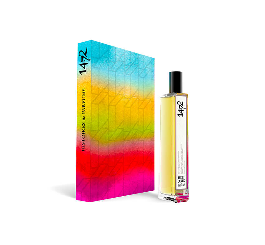A perfume bottle of 1472 - 15ml next to its packaging box. 