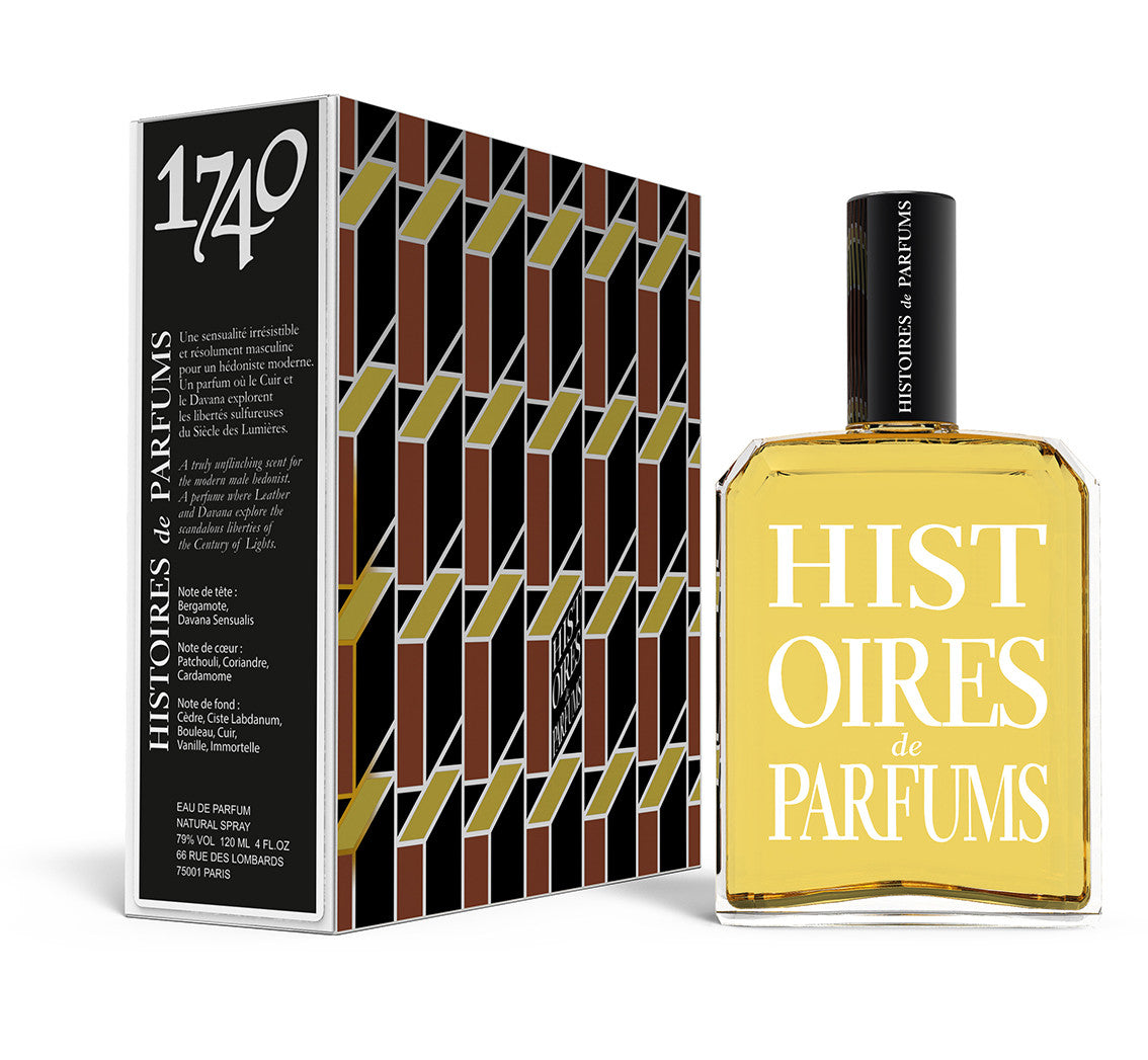 A perfume bottle of 1740 - 120ml next to its packaging box. 