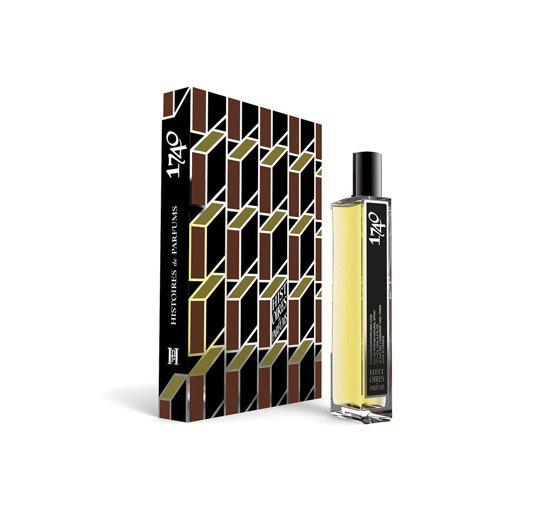 A perfume bottle of 1740 - 15ml next to its packaging box. 
