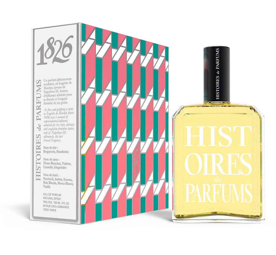 A perfume bottle of 1826 - 120ml next to its packaging box. 