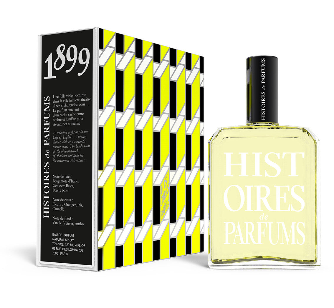 A perfume bottle of 1899 - 120ml next to its packaging box. 