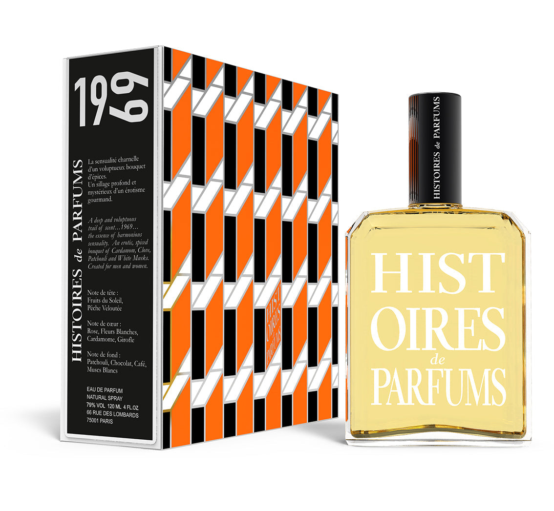 A perfume bottle of 1969 - 120ml next to its packaging box. 