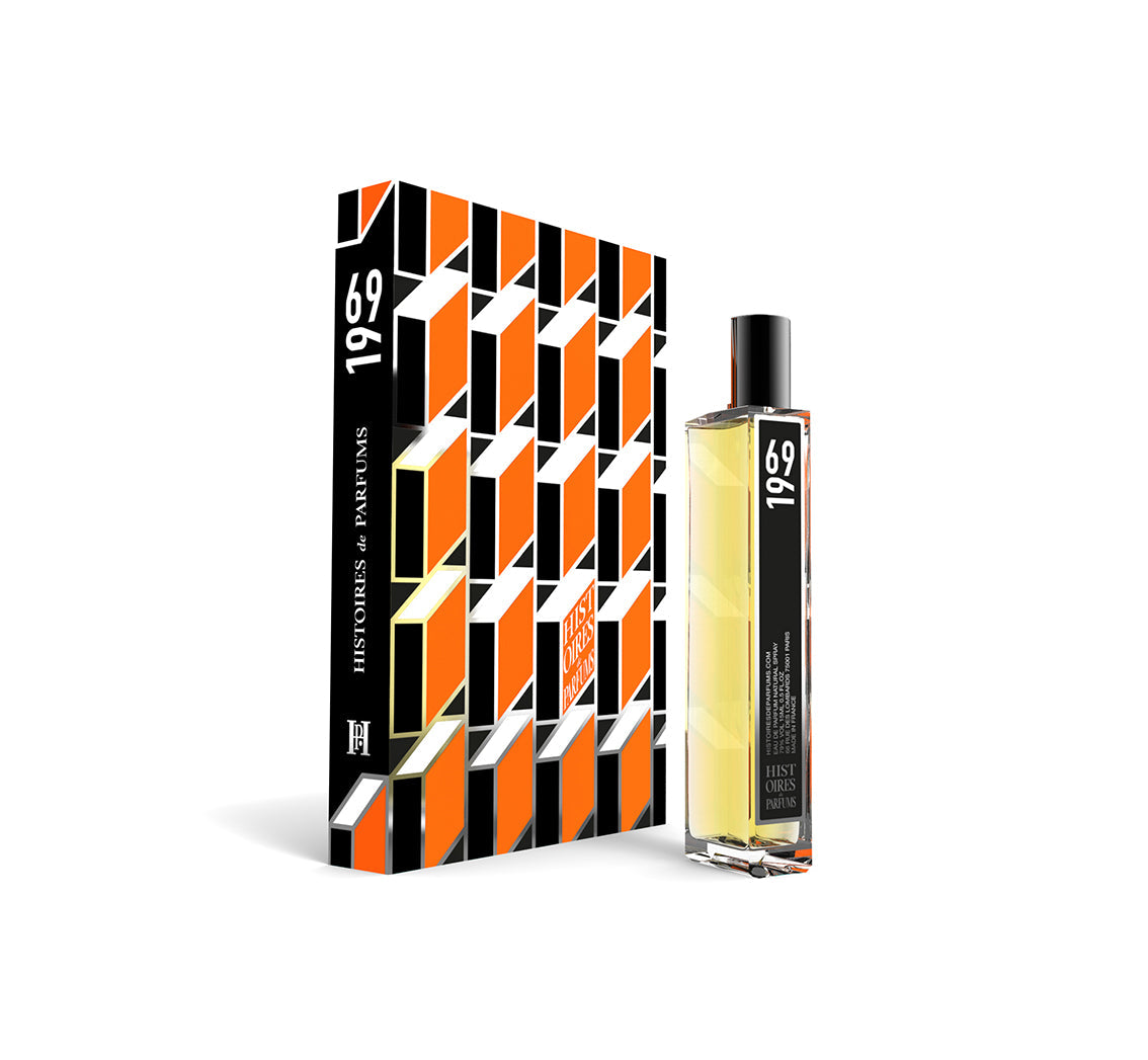 A perfume bottle of 1969 - 15ml next to its packaging box. 