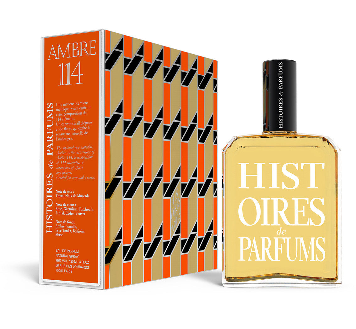 A perfume bottle of Ambre 114 - 120ml next to its packaging box. 