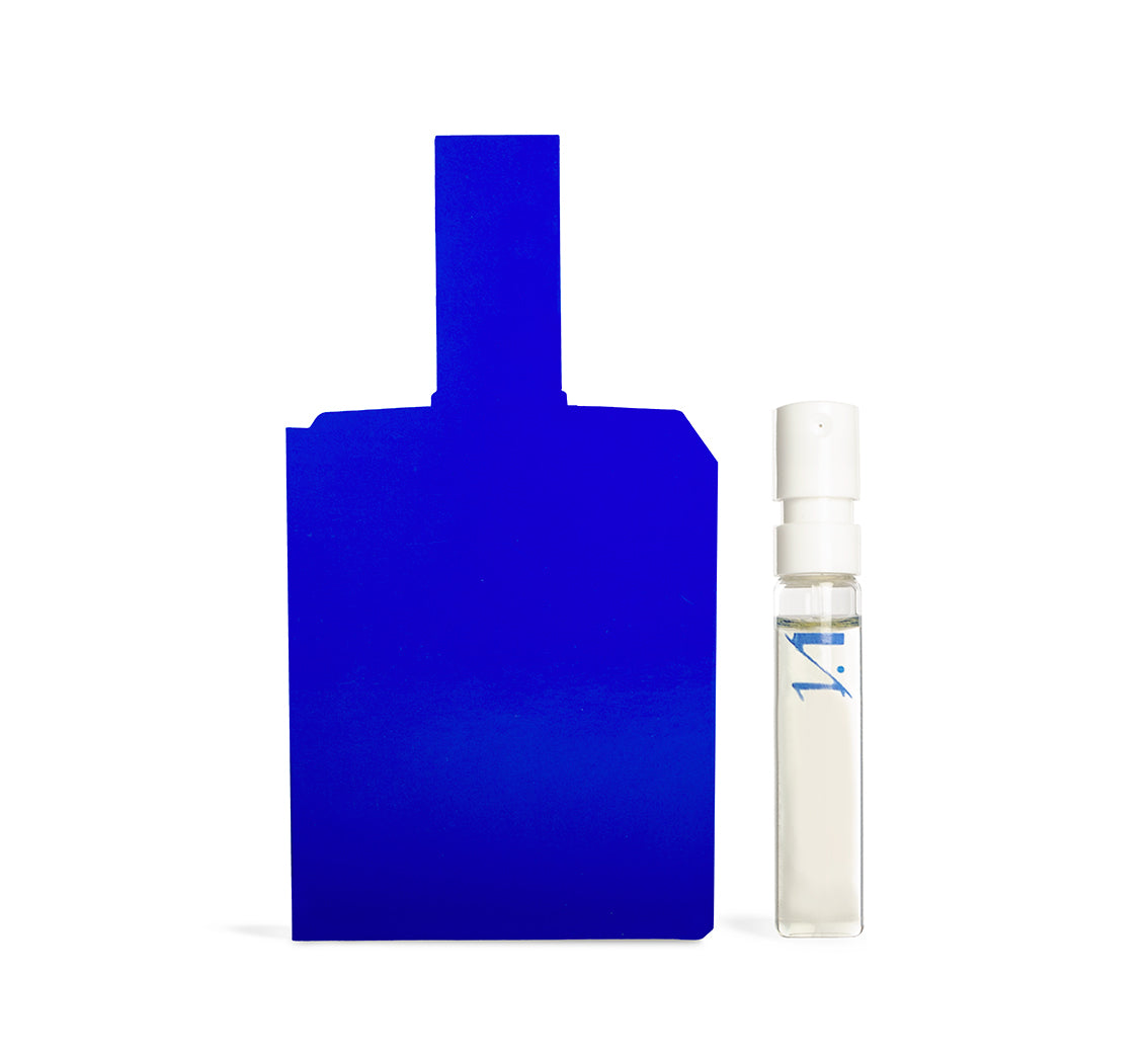 Bottle shaped sample card and sample of This is not a blue bottle 1/.1