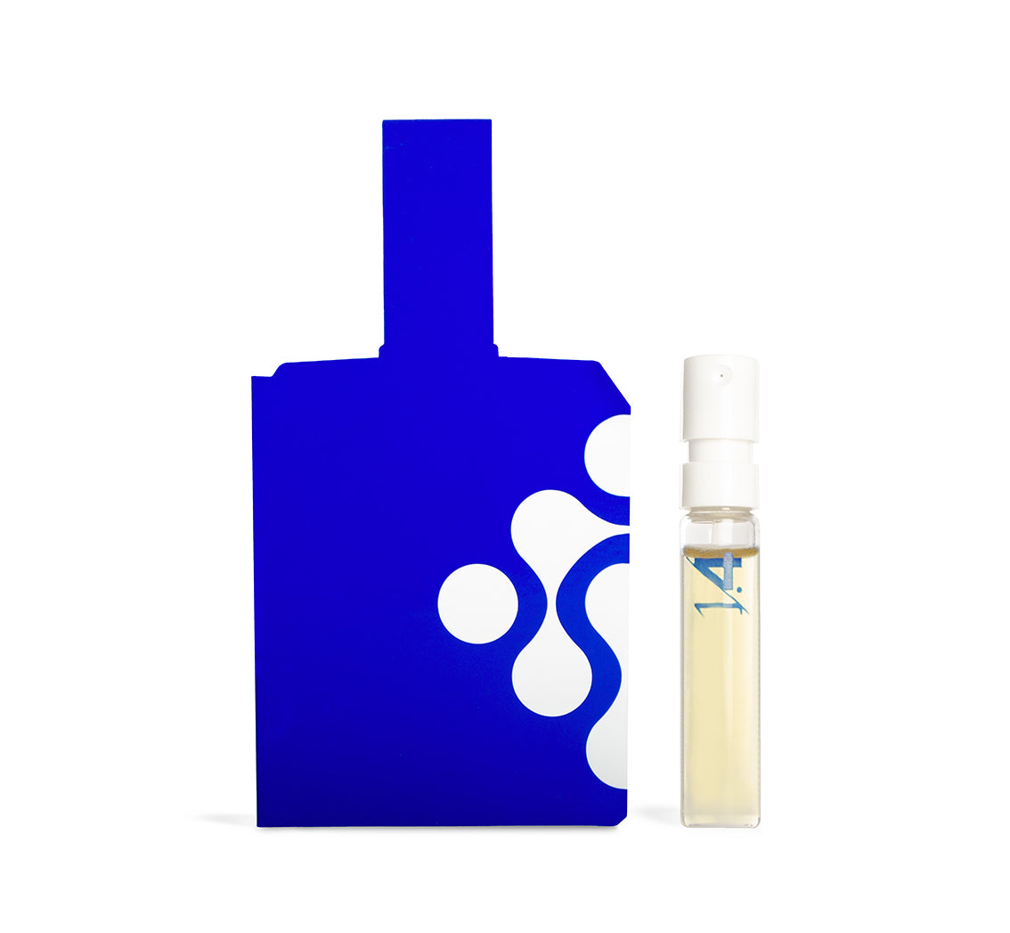 Bottle shaped sample card and sample of This is not a blue bottle 1/.4
