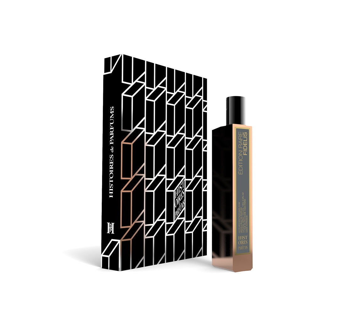 A perfume bottle of Fidelis - 15ml next to its packaging box. 