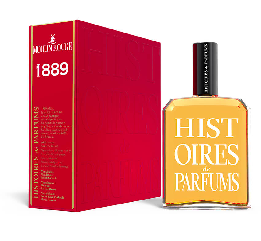 A perfume bottle of 1889 Moulin Rouge - 120ml next to its packaging box. 