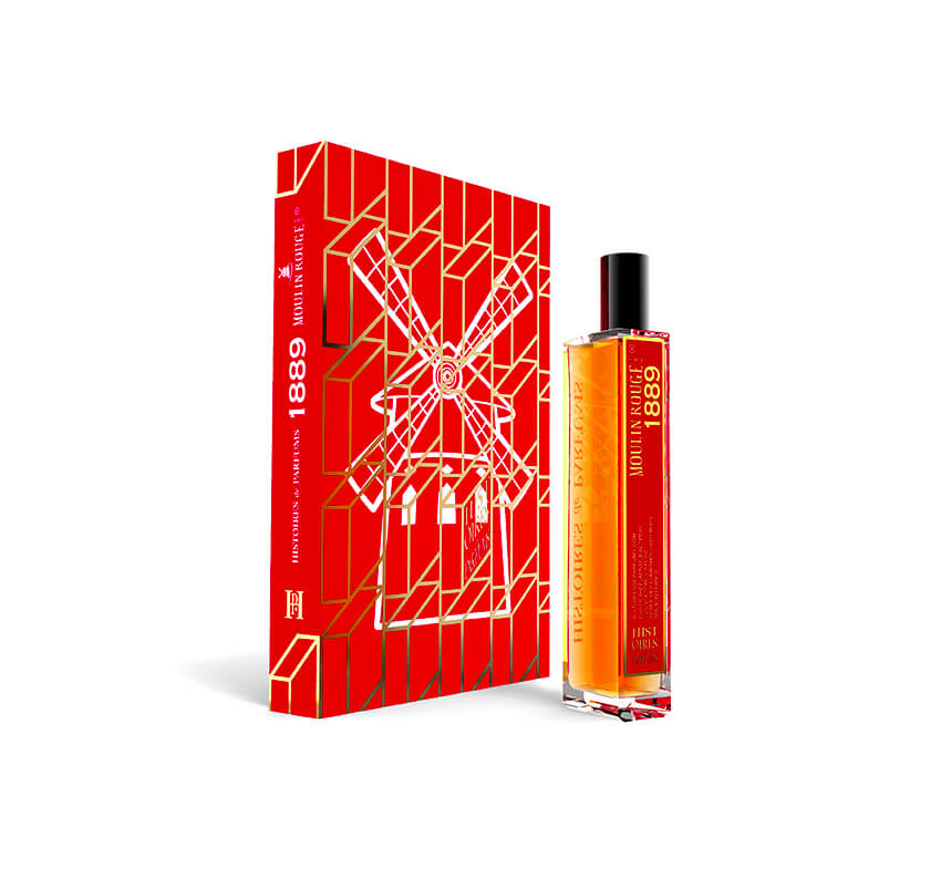 A perfume bottle of 1889 Moulin Rouge - 15ml next to its packaging box. 