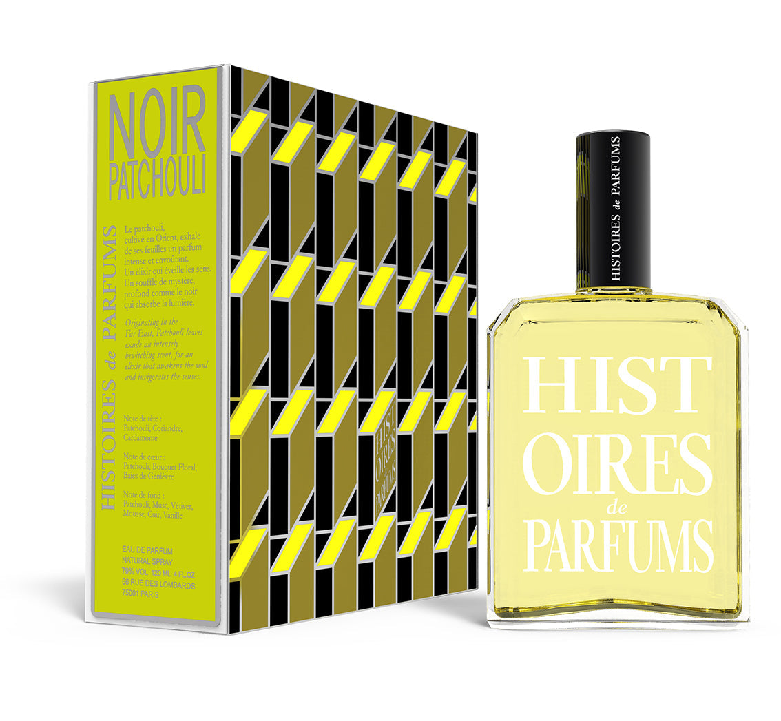 A perfume bottle of Noir Patchouli - 120ml next to its packaging box. 