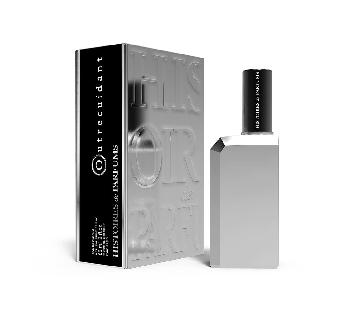 A perfume bottle of Outrecuidant - 60ml next to its packaging box. 